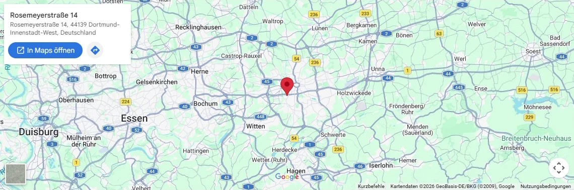 Kartenausschnitt Ruhrgebiet mit Standort Rosemeyerstraße 14, 44139 Dortmund