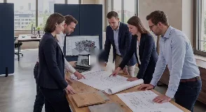 Architektenteam bespricht Pläne am Tisch